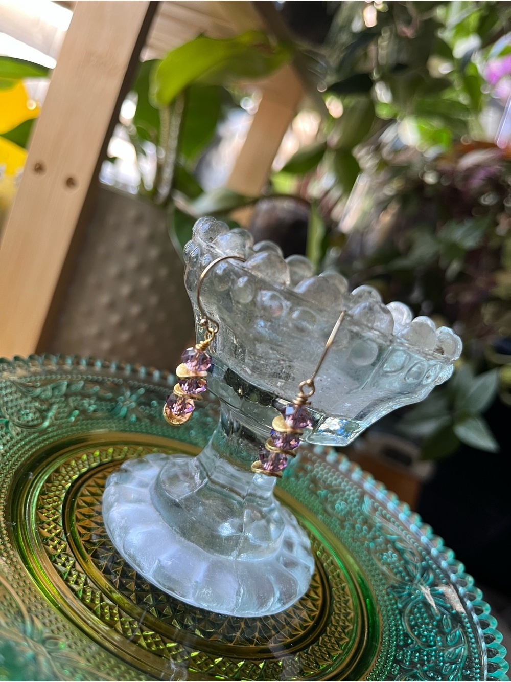 Delicate Gold Drop Earrings with light Purple and Beads